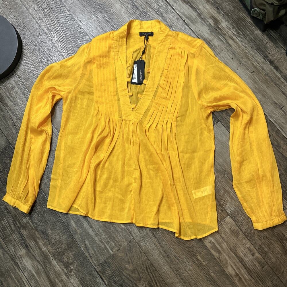 Rag & Bone Sachi Pleat Split Neck Cotton/Silk Top Safron NWT Size M